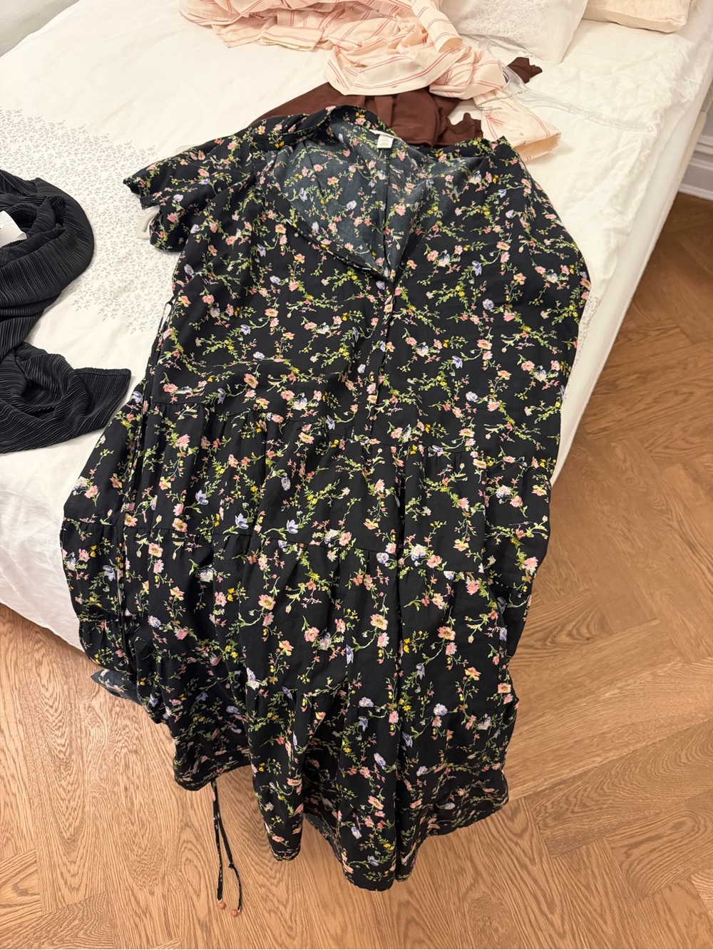 H&M Black Floral Midi Dress with Pink and Green Print